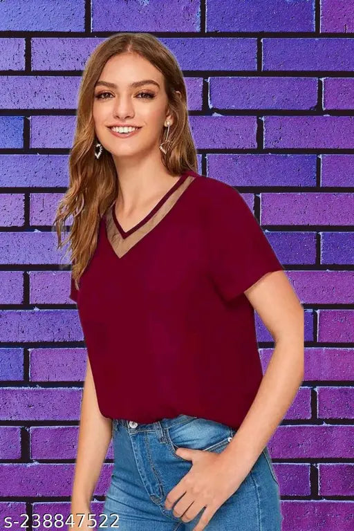 New Casual Solid Maroon Half Sleeve Mesh V-Neck for Women's and Girl's