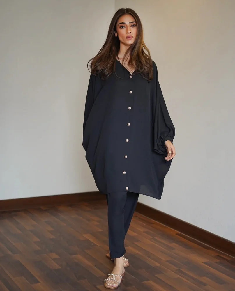 Korean BSY Classic Black Tunic & Pant Set for Everyday Elegance