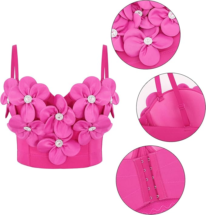 Women's Floral Patched Rhinestone Spaghetti Strap Slim Fit Crop Tank Top