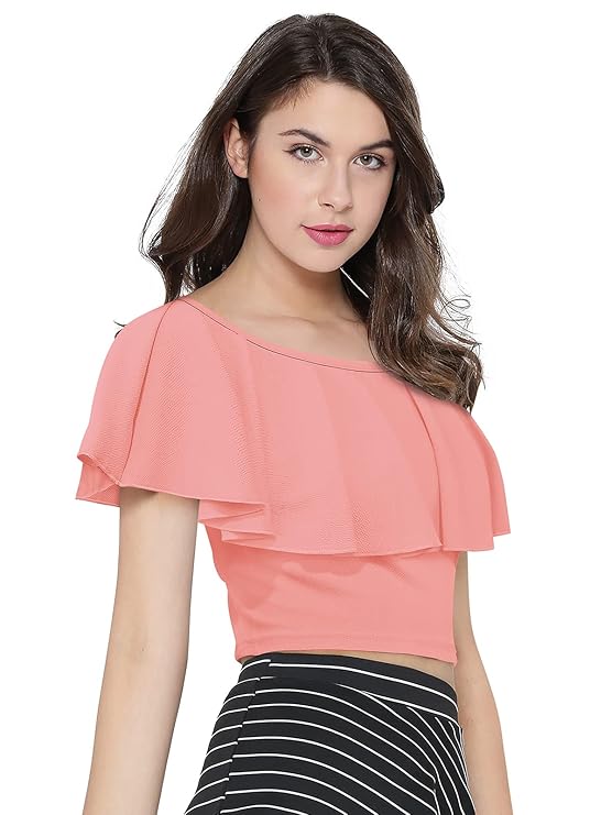 Women's One Side Shoulder Strip and Flare Sleeve with Round Neck Popular Crop Top