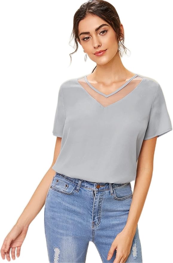 Shirts Women's Tops Shirts for Women -Neck Mesh Insert Blouse