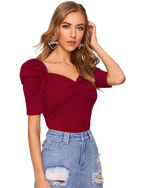 Women's Casual Solid Top with Puff Sleeves Design Maroon