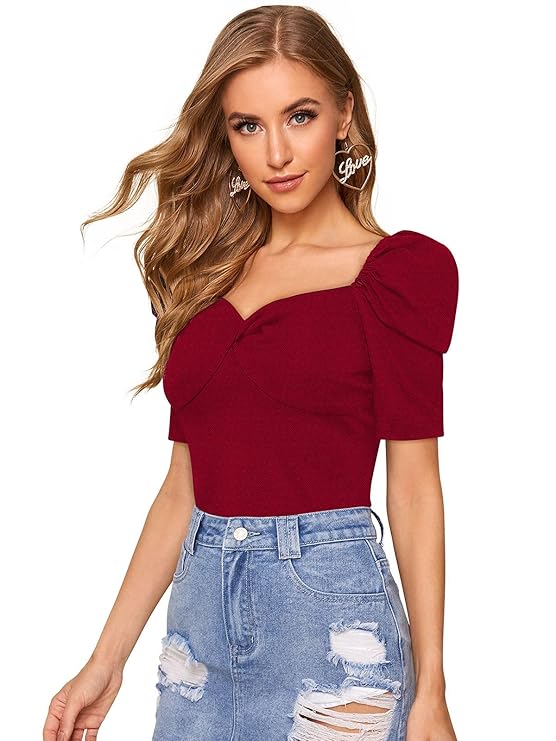 Women's Casual Solid Top with Puff Sleeves Design Maroon