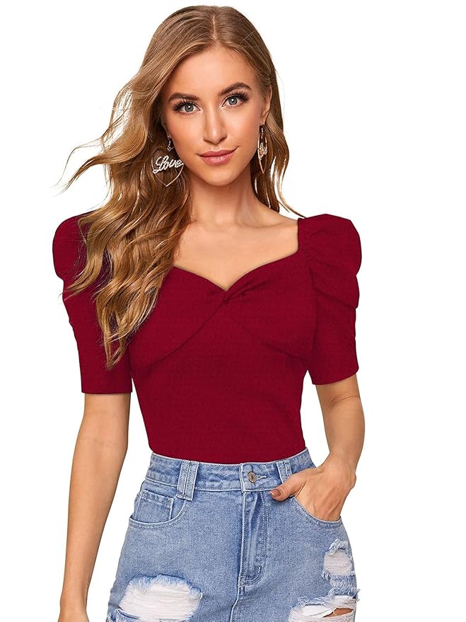 Women's Casual Solid Top with Puff Sleeves Design Maroon