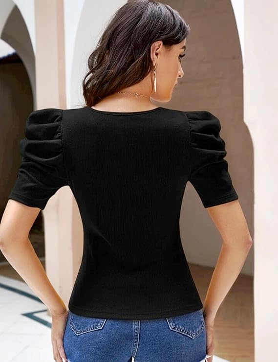 Stylish Solid Puff Sleeves Rib Stretchable Top for Women Regular Fit