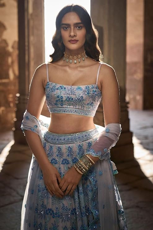 Women's thread and sequins embroidered georgette Light Blue lehenga choli