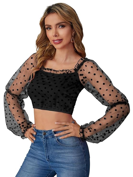 Casual Puff Sleeves Solid Women Black Top