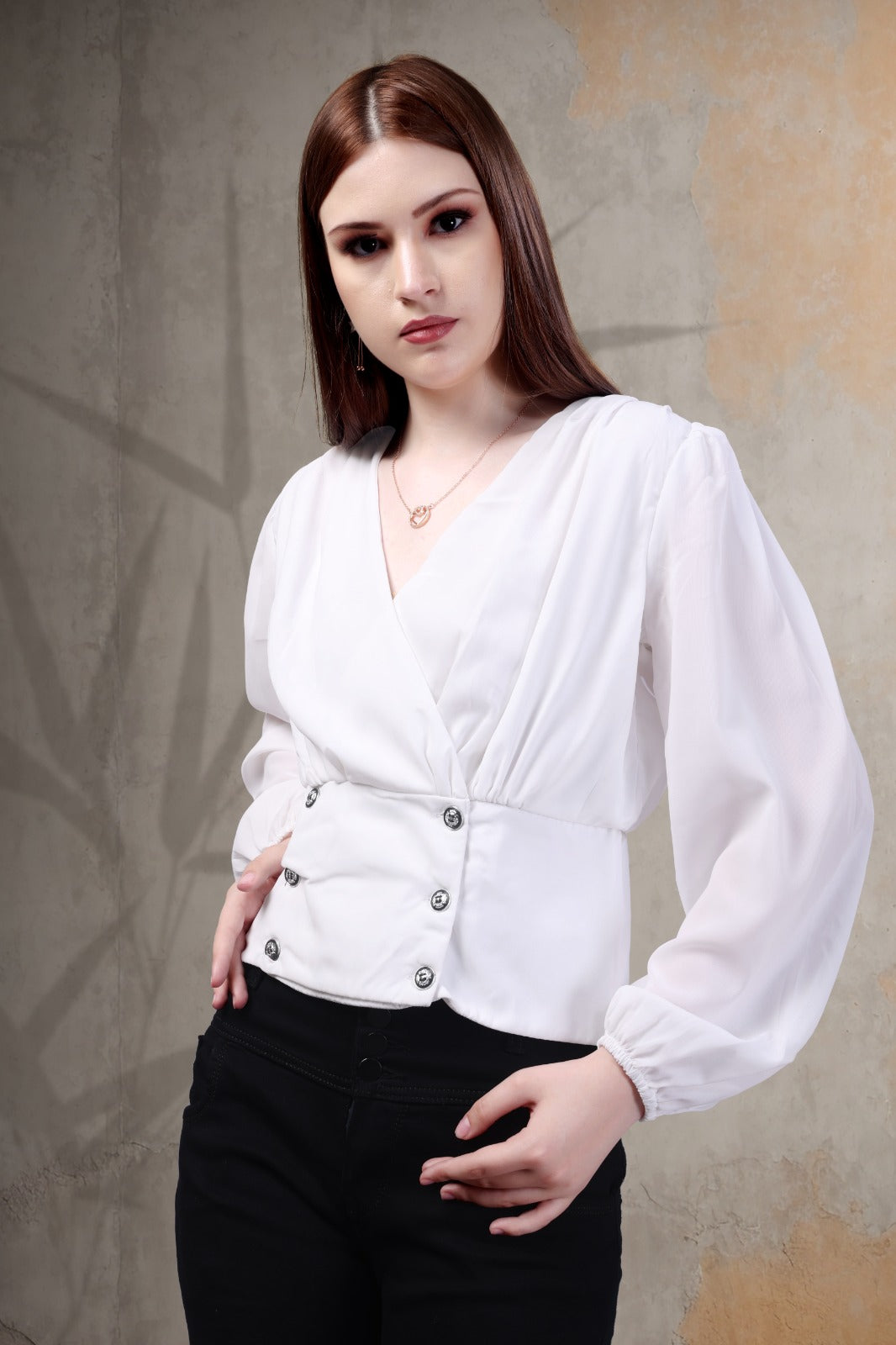 Dazzle -V Neck Puff Long Sleeve Button Top