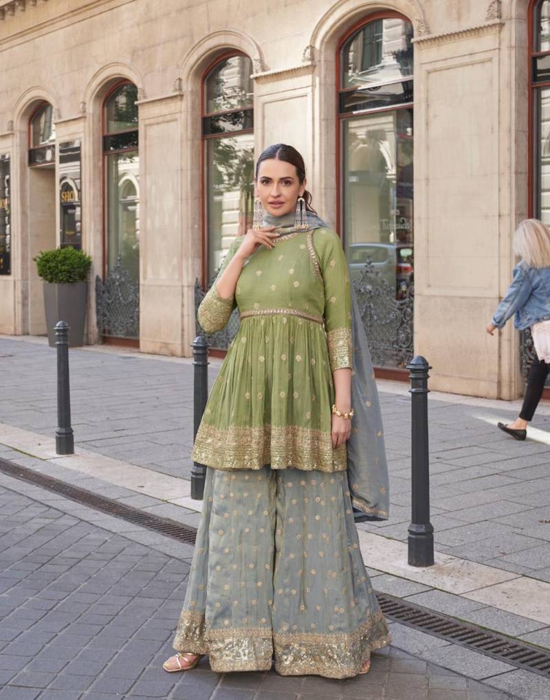 Pistachio Green Embroidered Shimmer Designer Sarara Kameez