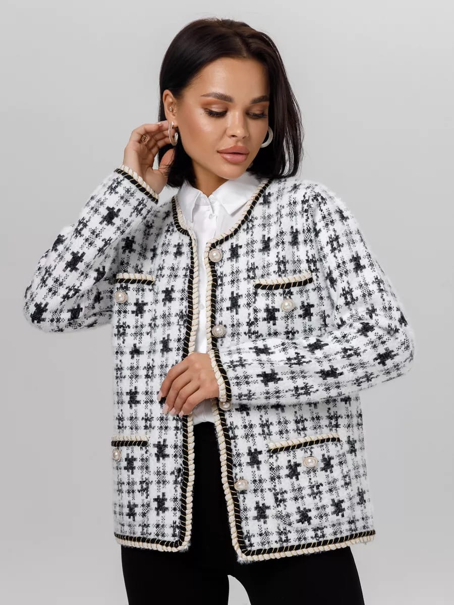 Tweed Jacket With Round Neck for Women with Pockets - Black and White