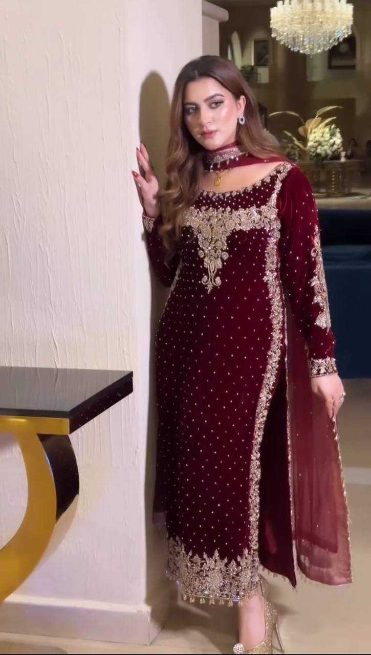 Velvet Embroidery Party Wear Maroon Salwar Suit