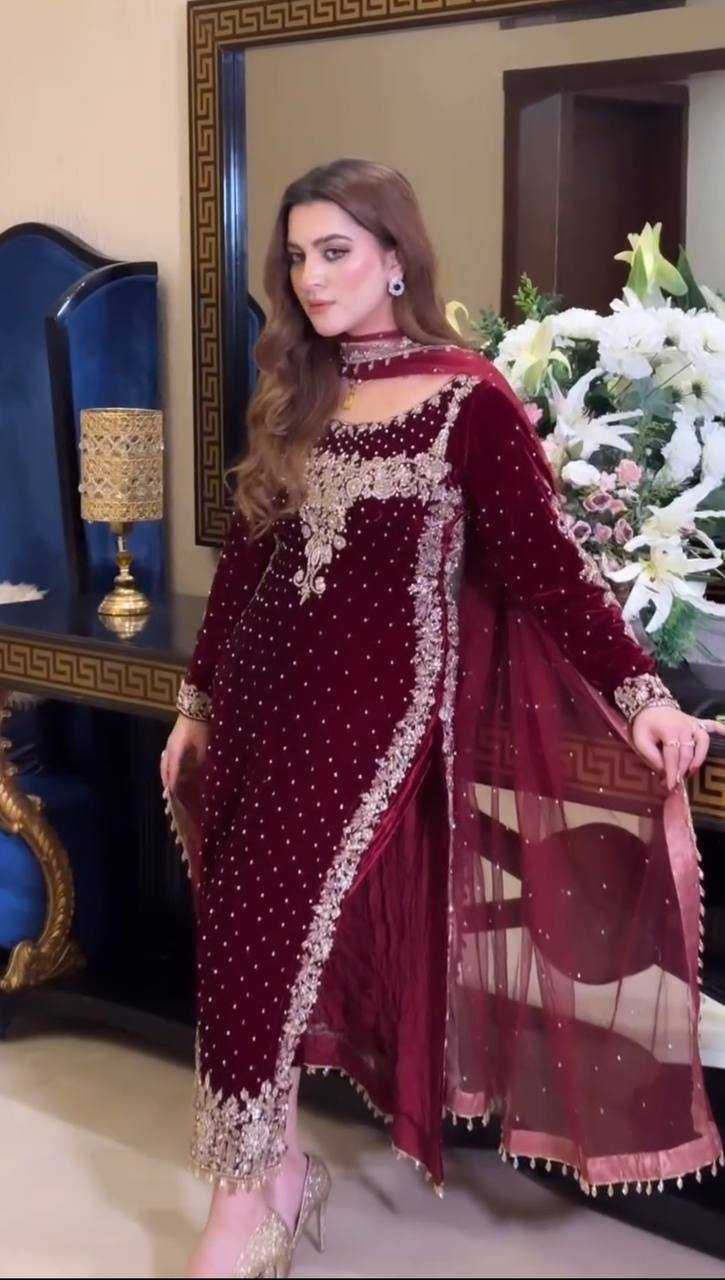 Velvet Embroidery Party Wear Maroon Salwar Suit