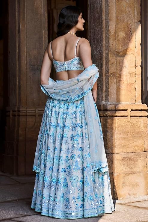 Women's thread and sequins embroidered georgette Light Blue lehenga choli