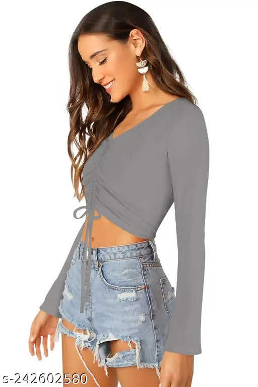 Drawstring V Neck Bell Sleeves Top