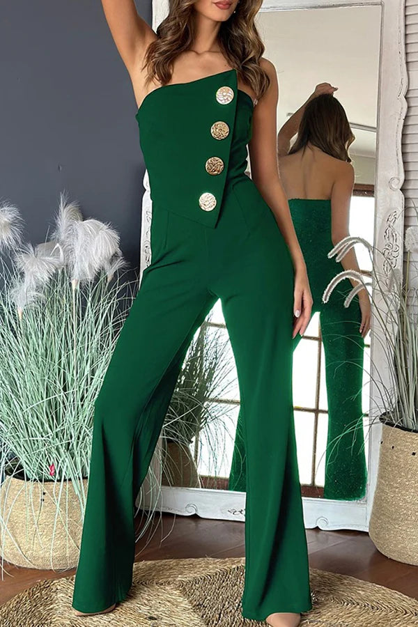 Solid Color Tube Top Gold Button Embellished Bootcut Jumpsuit