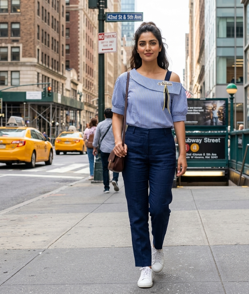 Asymmetric Blue & White Striped Cold-Shoulder Top