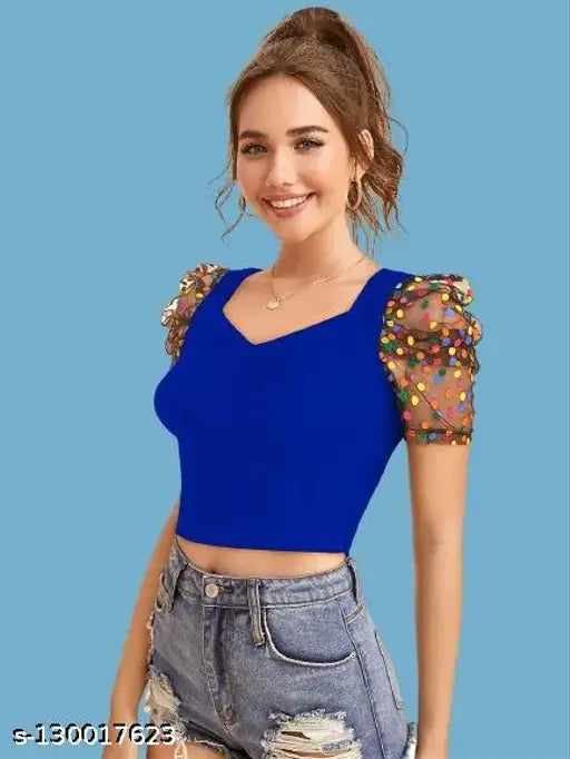 Royal blue Short Sleeve Solid Crop Top For Girls & Women's