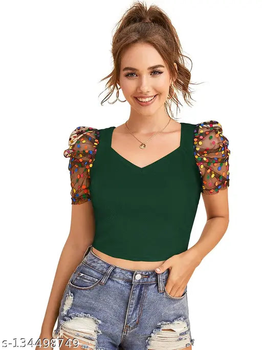 Green Short Sleeve Solid Crop Top For Girls & Women's