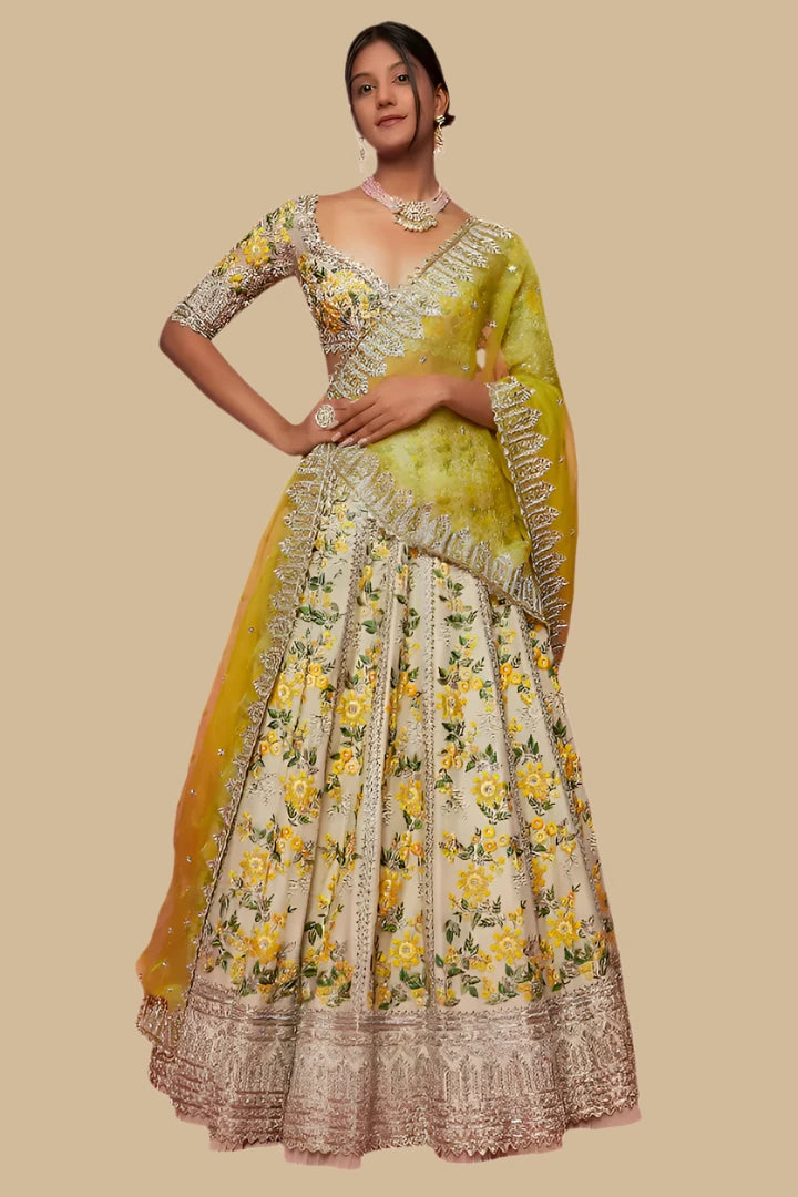 Floral Pattern Embroidery Work Yellow Color Designer Lehenga