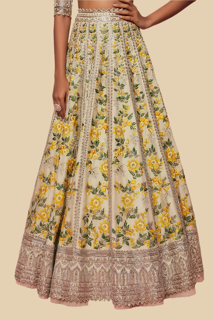 Floral Pattern Embroidery Work Yellow Color Designer Lehenga
