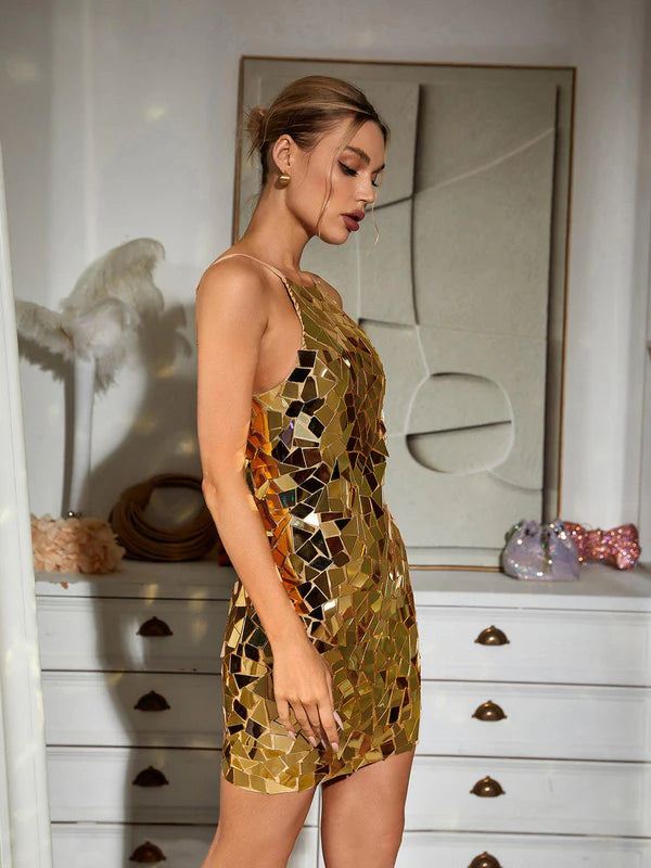 Roma Sparkly Silver Tight Halter Mirror Look Short Party Dress