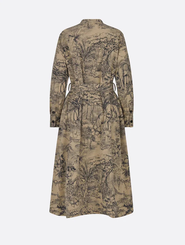 Elegant Long-Sleeve Trench Dress With Intricate Nature Print