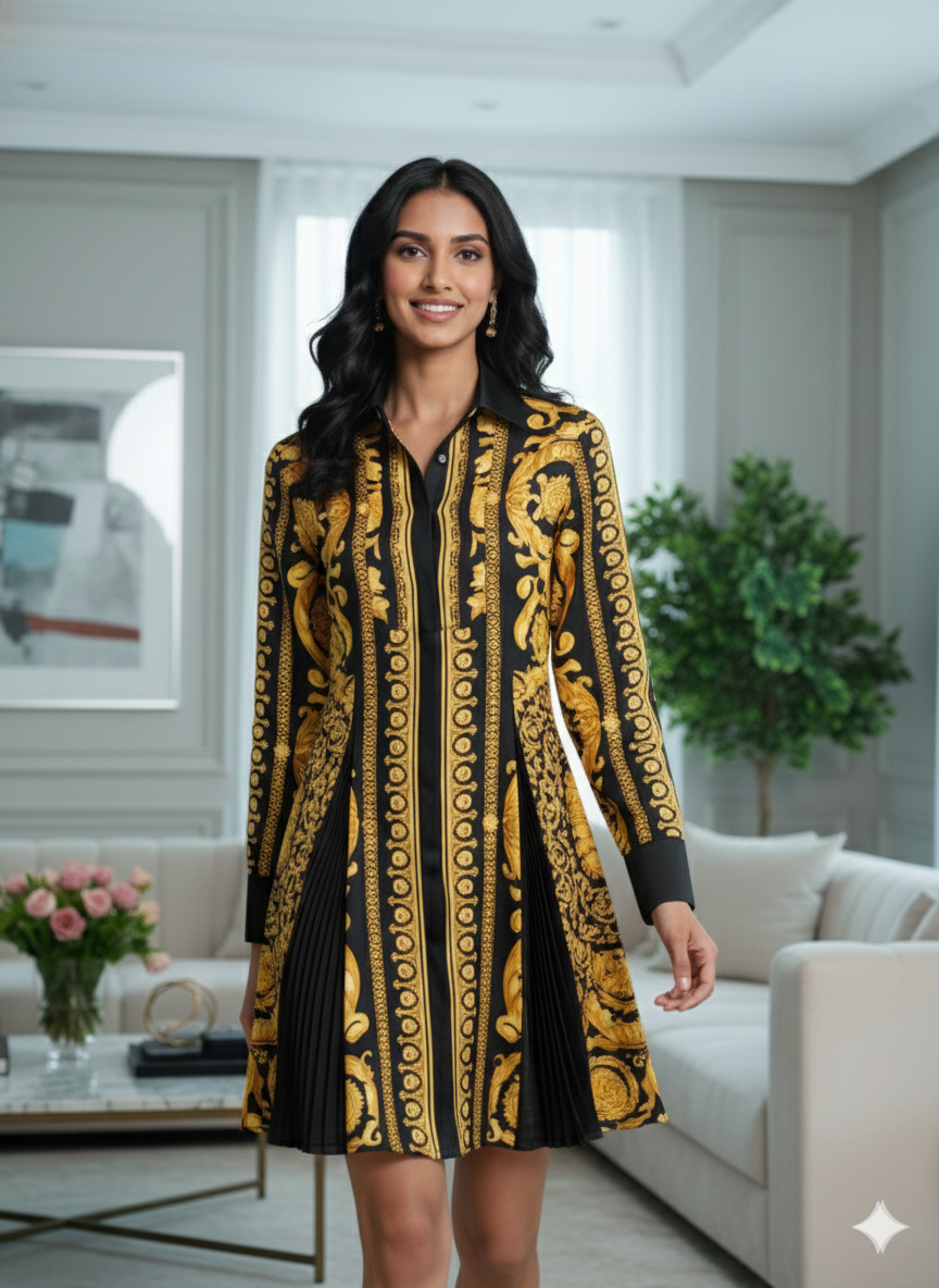 Barocco Silk Midi Shirt Dress Gold
