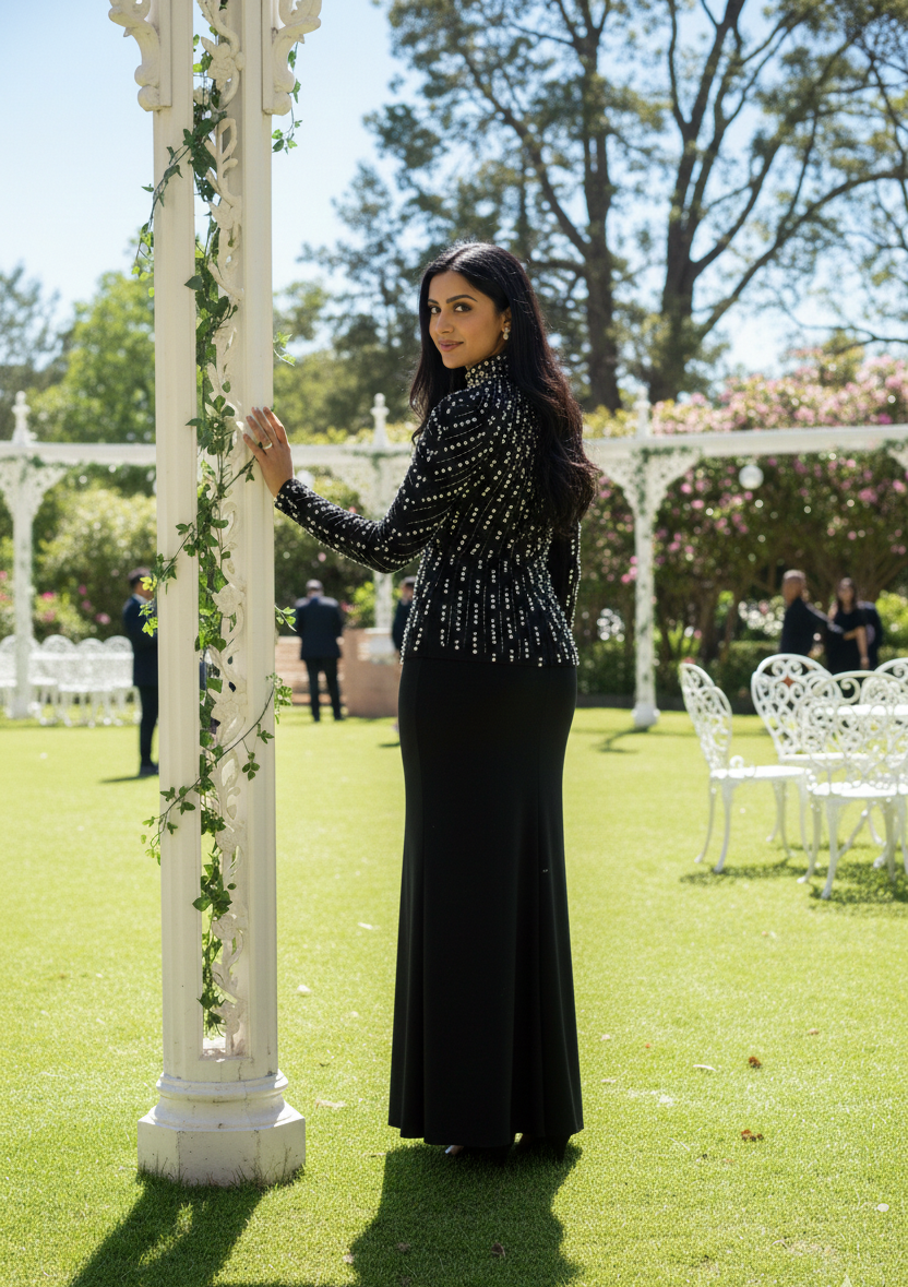 Becca Elegant Floor Length Evening Gown With Heavy Pearls