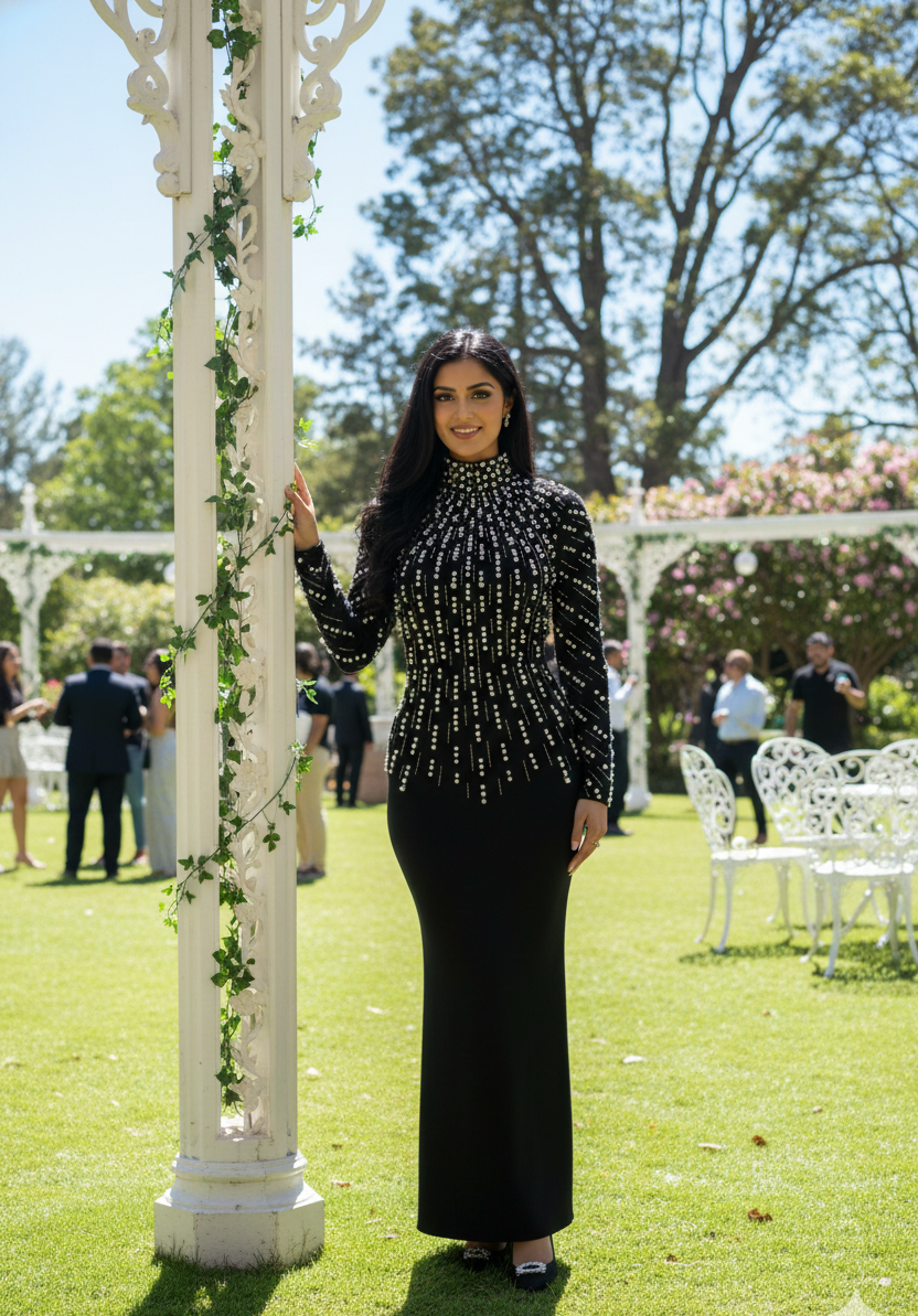 Becca Elegant Floor Length Evening Gown With Heavy Pearls