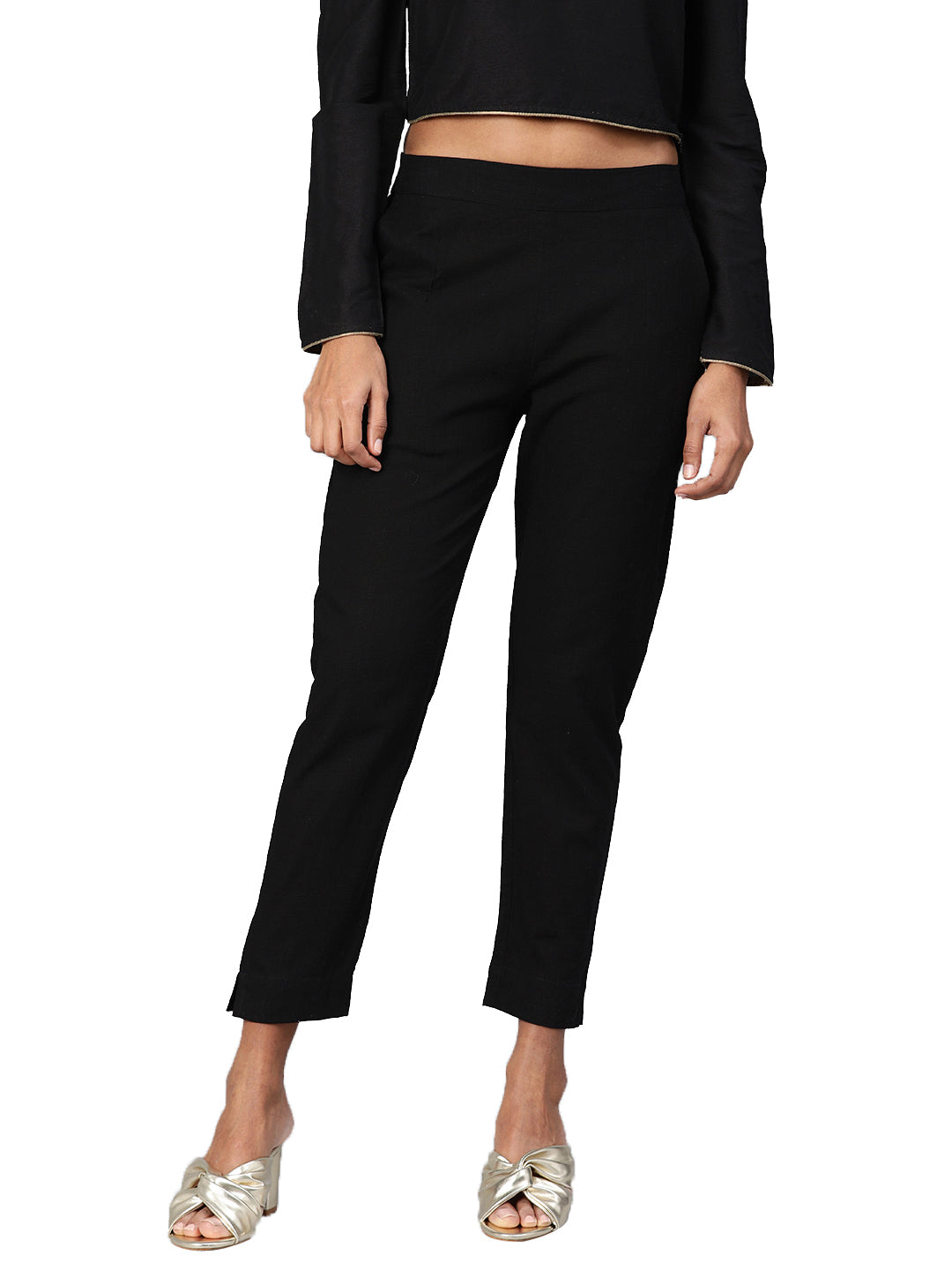 Women Black Straight Fit Solid Regular Trousers