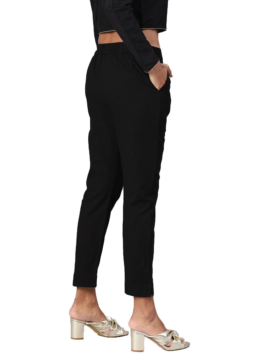 Women Black Straight Fit Solid Regular Trousers