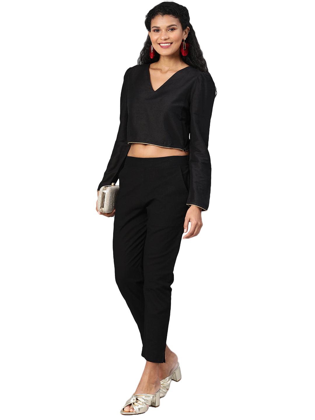 Women Black Straight Fit Solid Regular Trousers