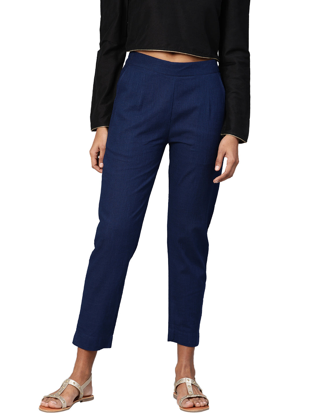 Navy Blue Straight Fit Solid Regular Trousers