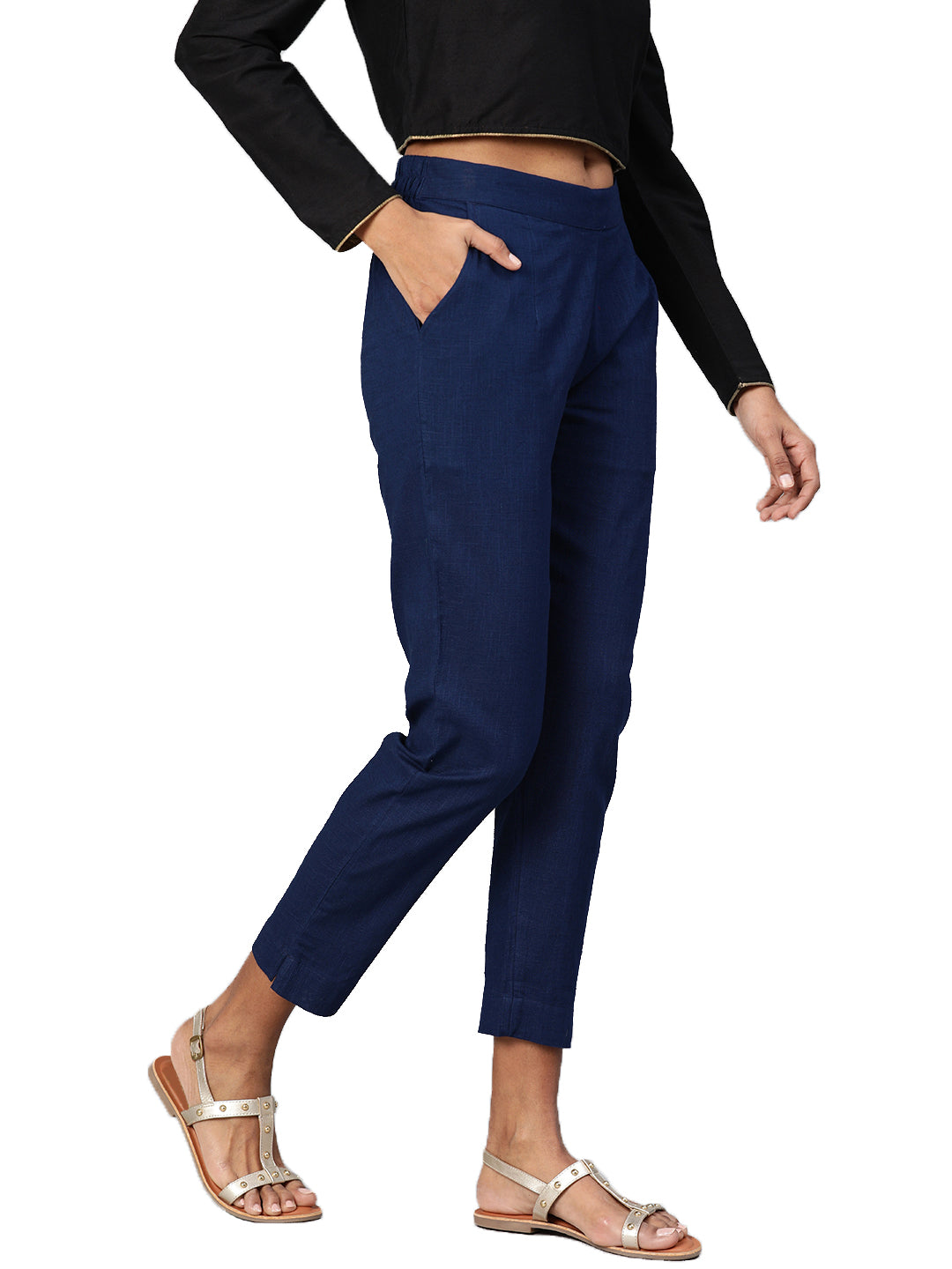 Navy Blue Straight Fit Solid Regular Trousers