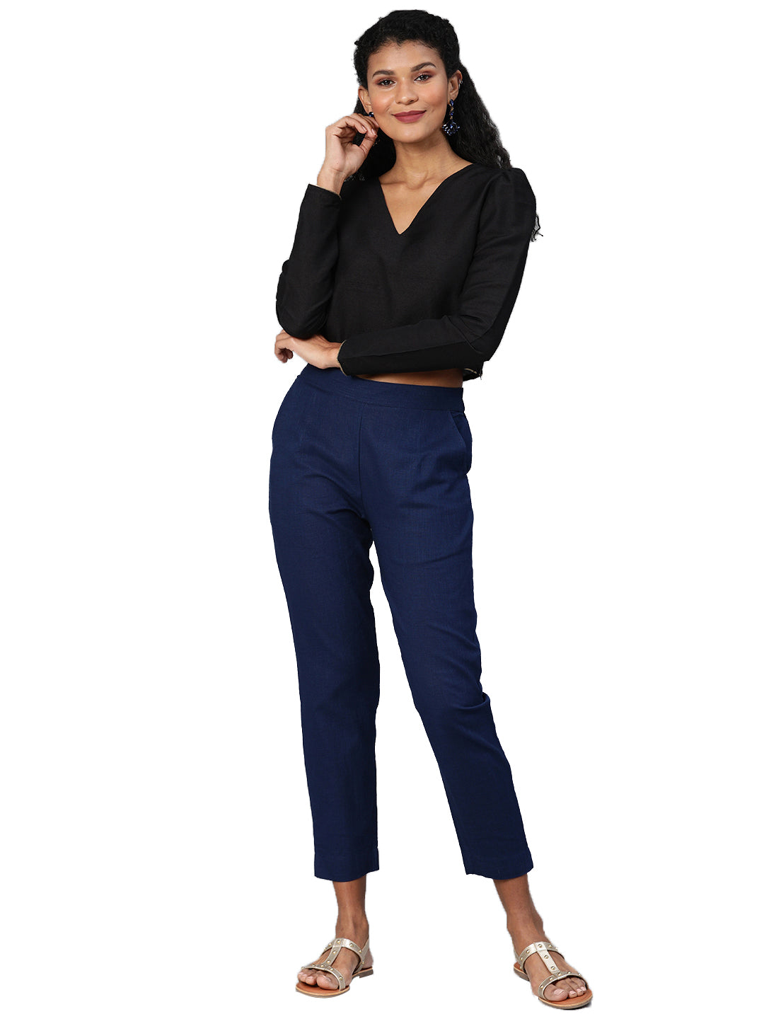 Navy Blue Straight Fit Solid Regular Trousers