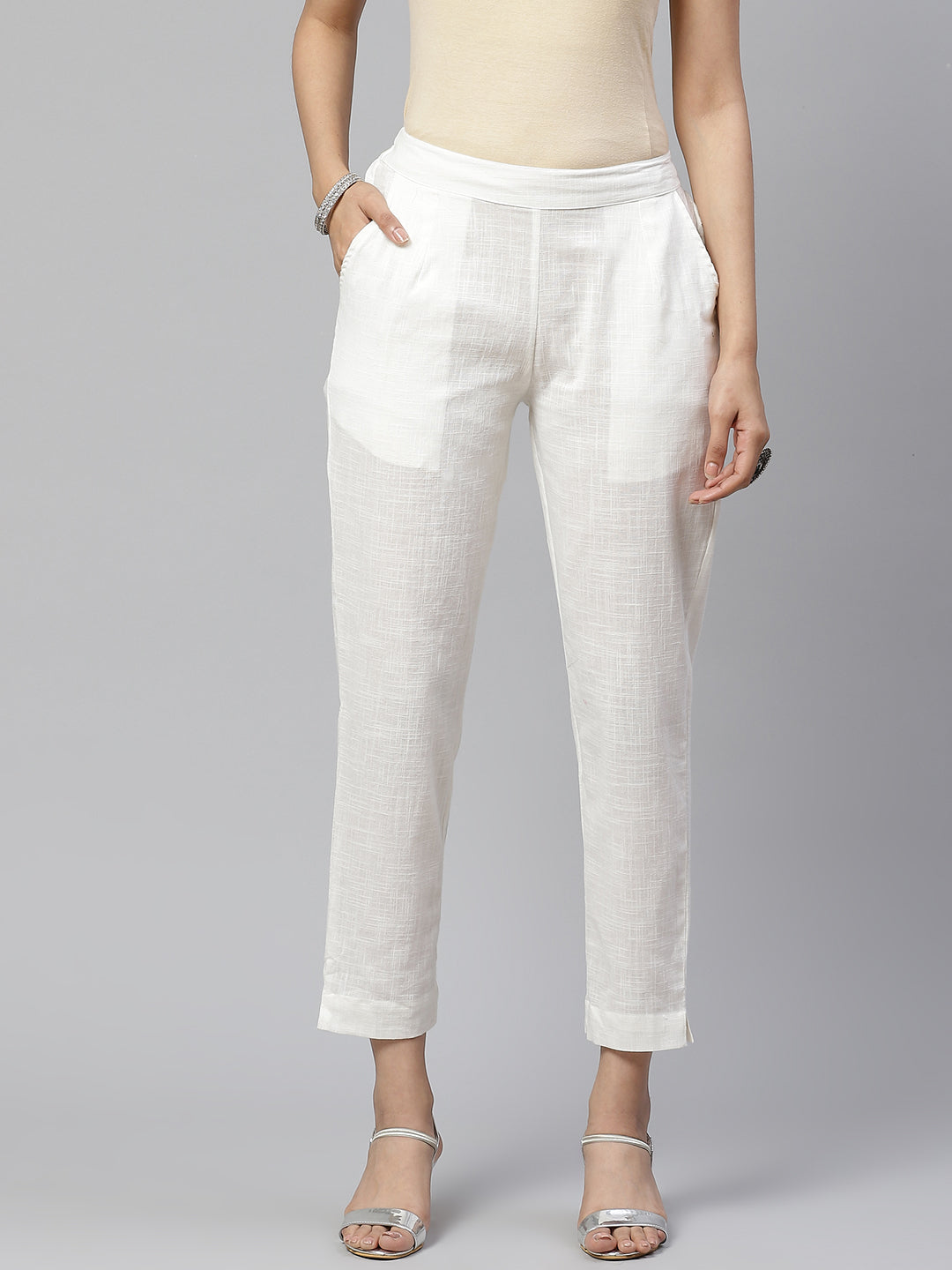 Off-White Comfort Regular Fit Solid Cotton Cigarette Trousers