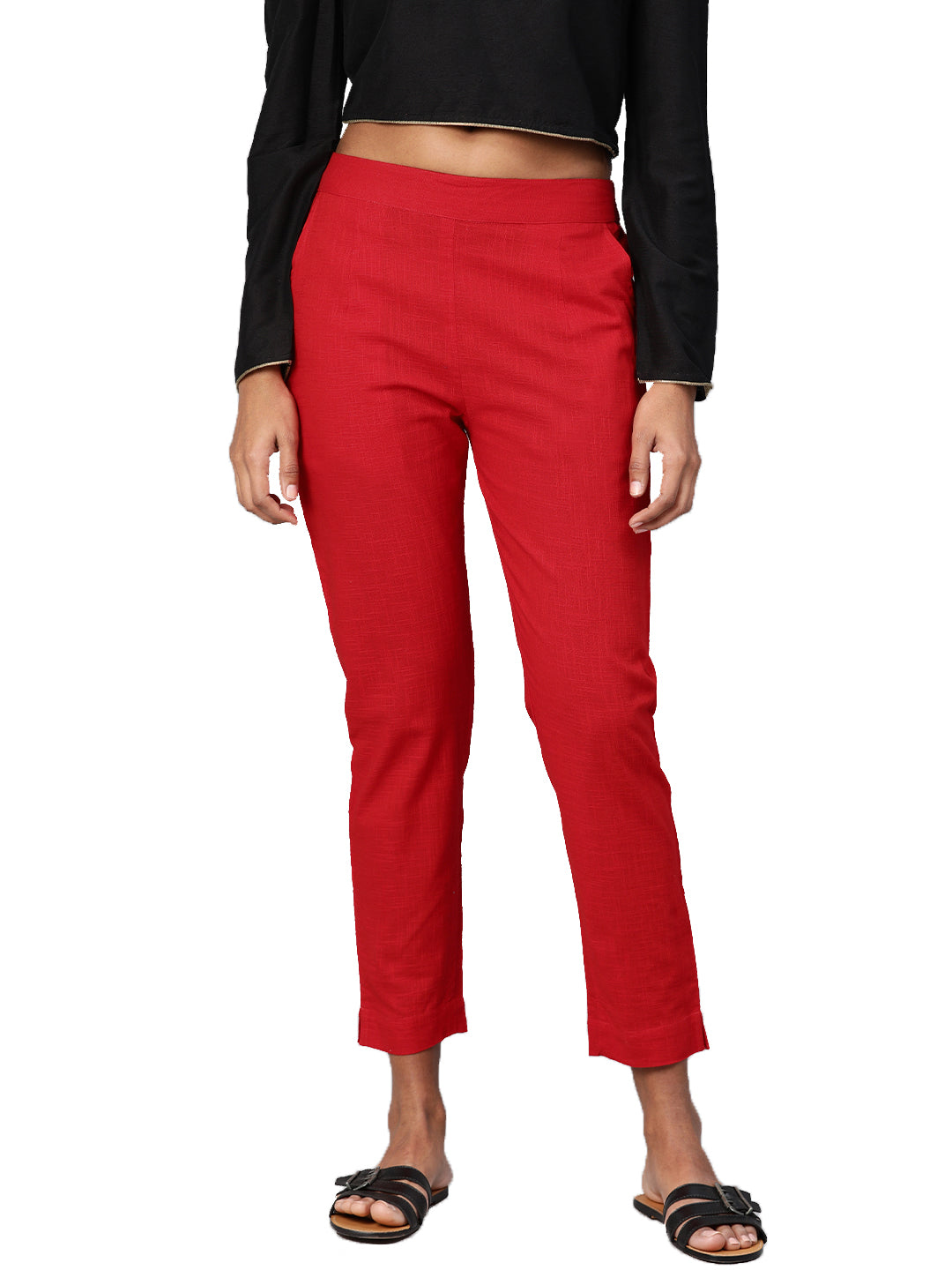 Red Straight Fit Solid Regular Trousers