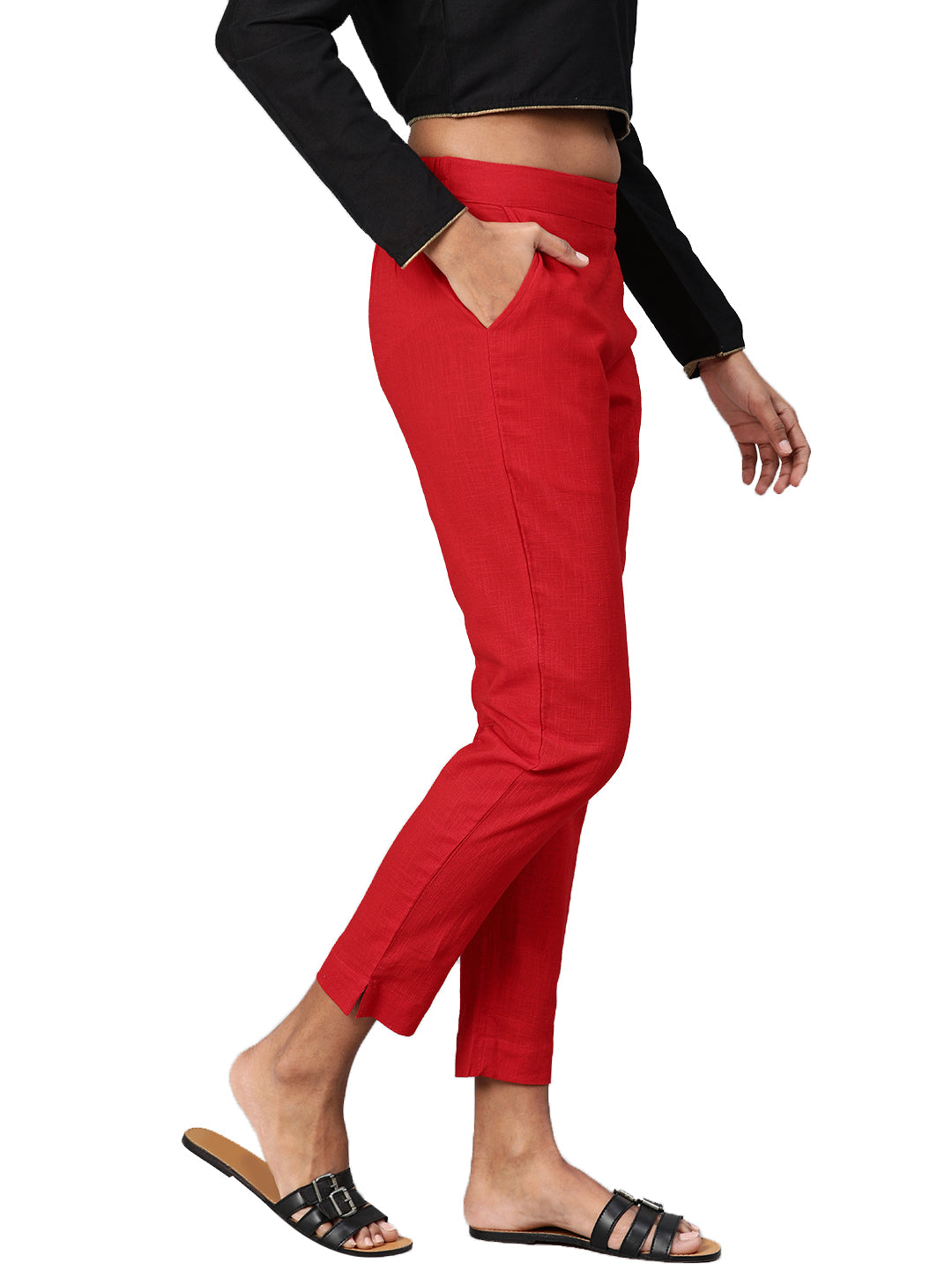 Red Straight Fit Solid Regular Trousers