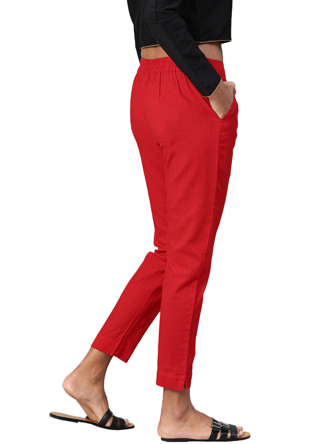 Red Straight Fit Solid Regular Trousers