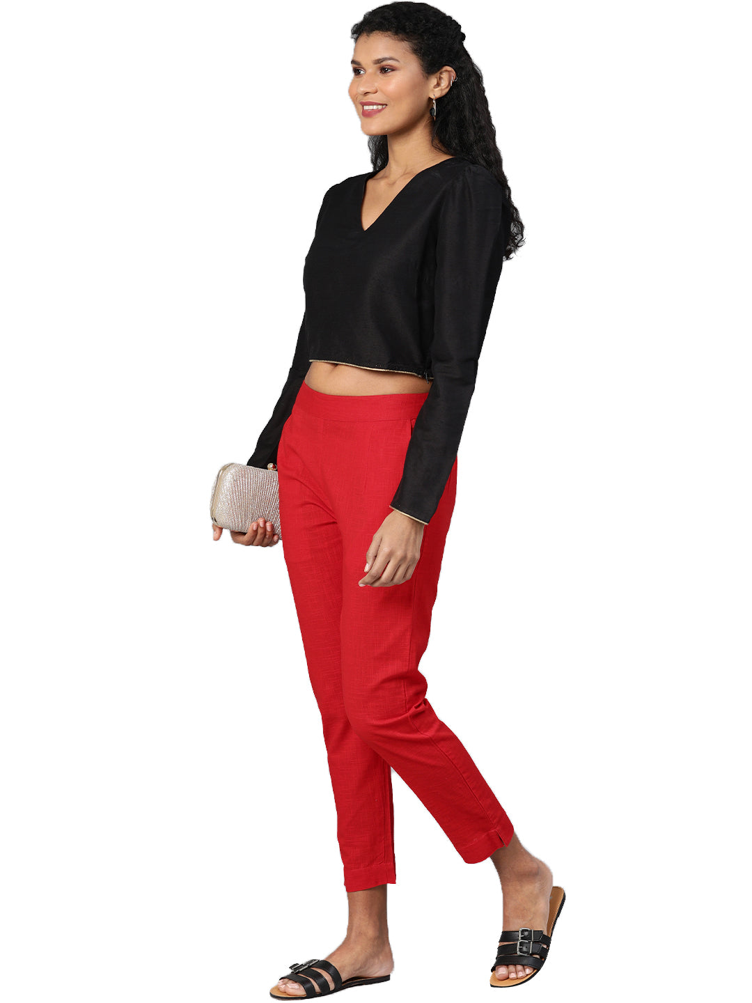 Red Straight Fit Solid Regular Trousers