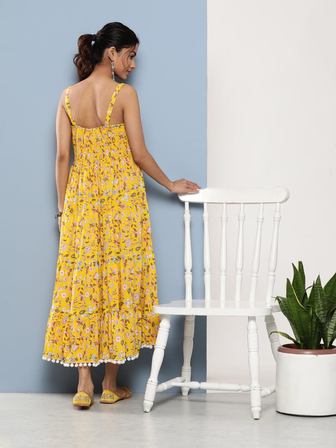 Divena Yellow Floral Shoulder Strip Long Dress - divena world