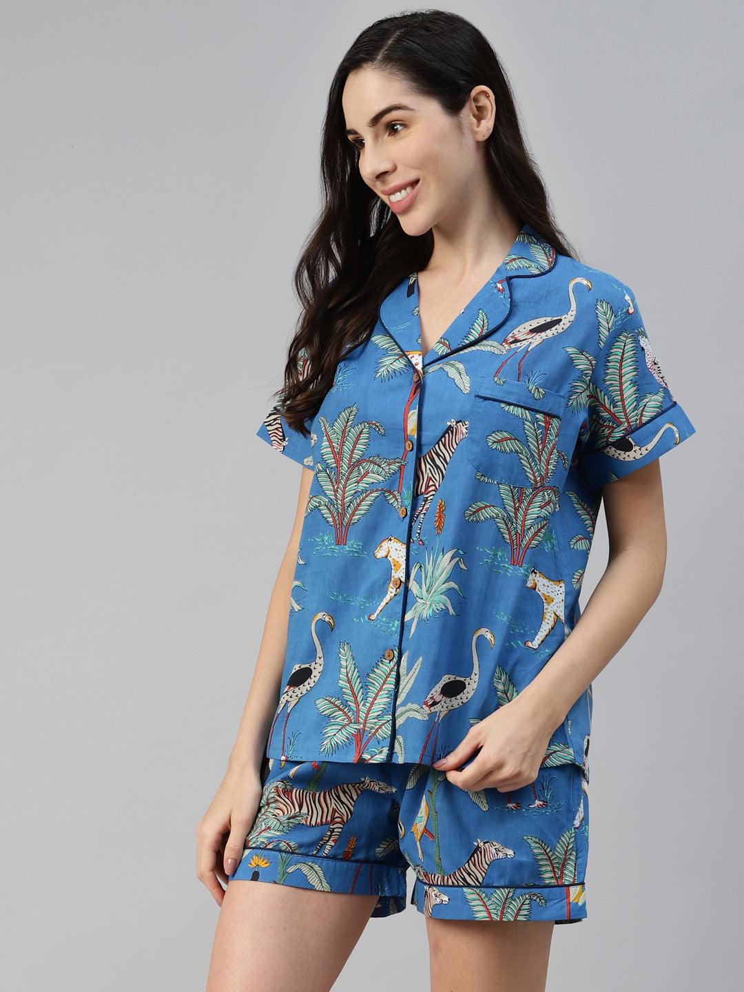 Divena Teal blue Cotton Animal Print Night suit - divena world