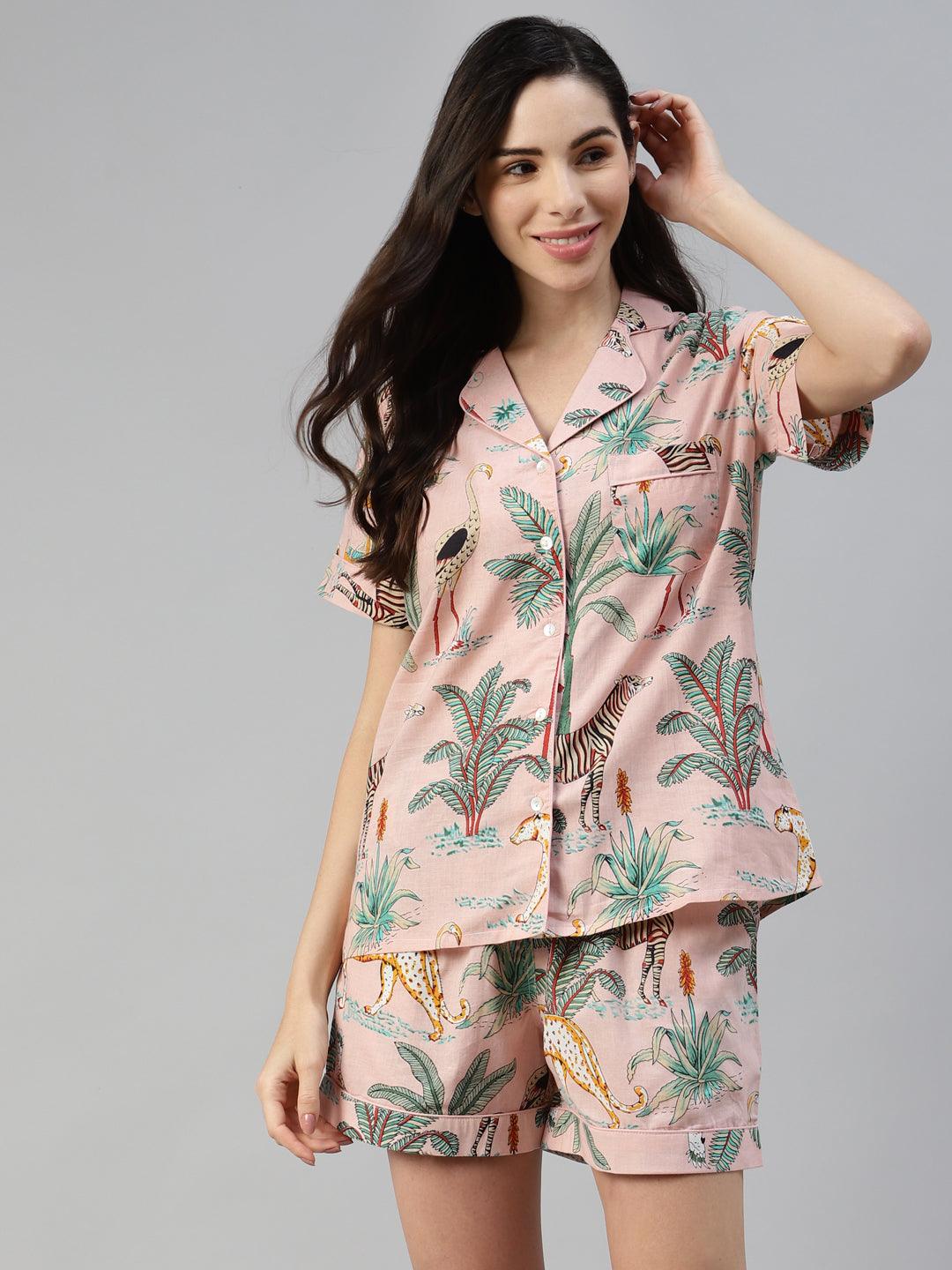 Divena Pink Cotton Floral Print Night Suit - divena world