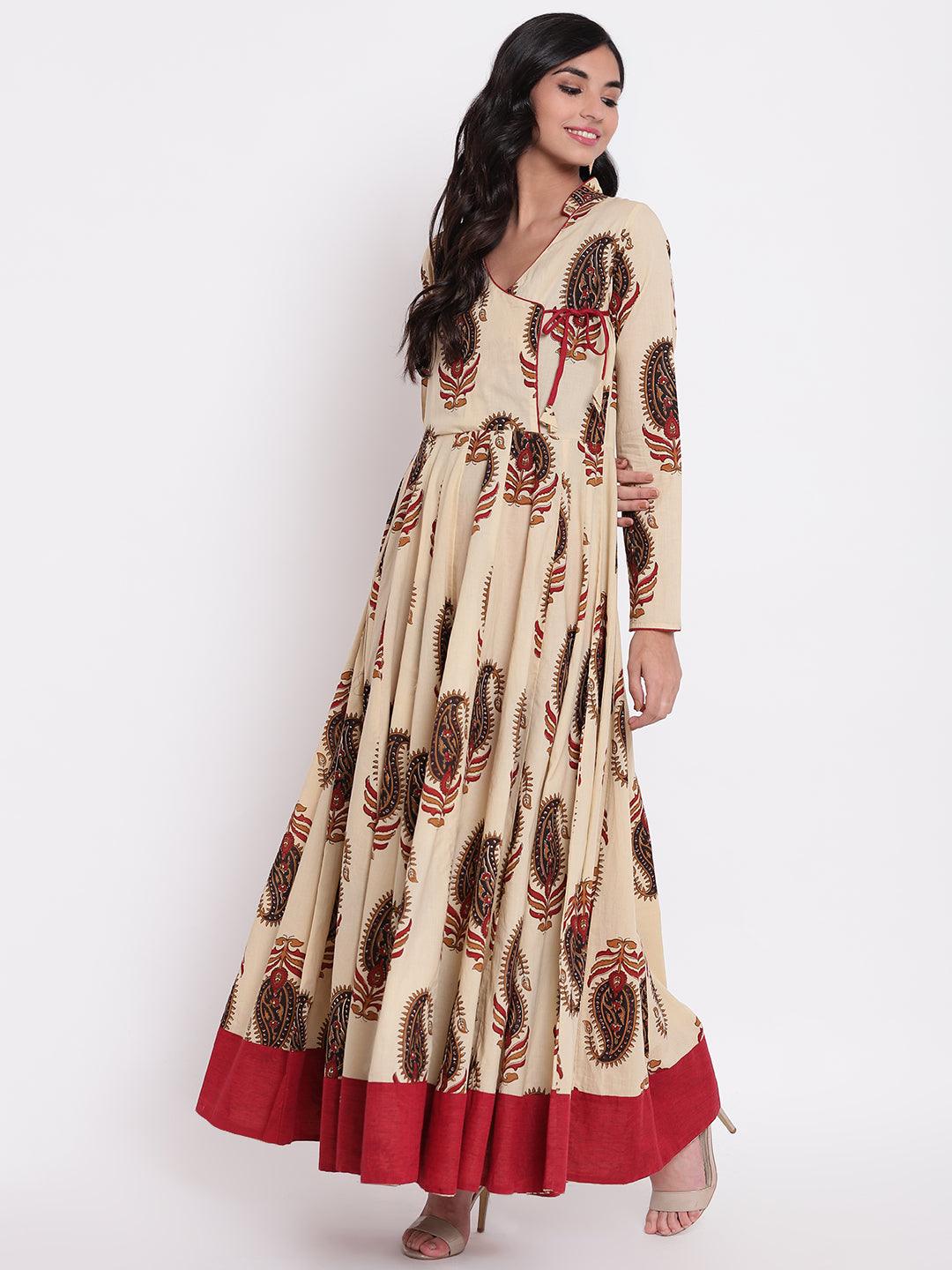 Divena Cream Floor Length Cotton Anarkali Kurti - divena world