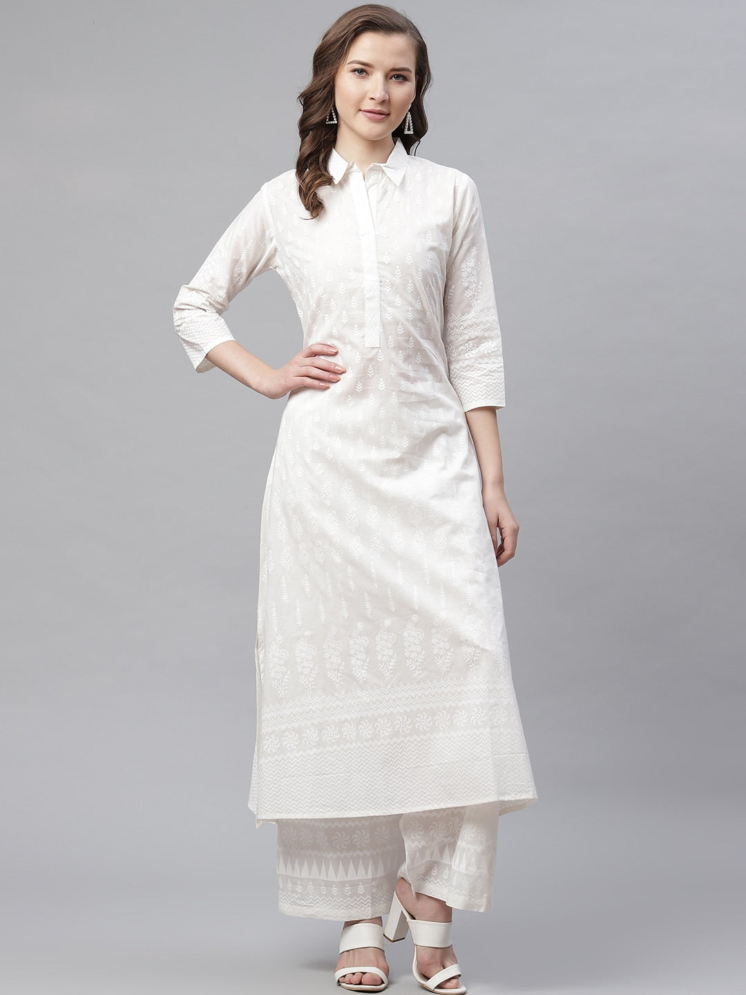 White Khari Print Cotton Kurti With Palazzo Set