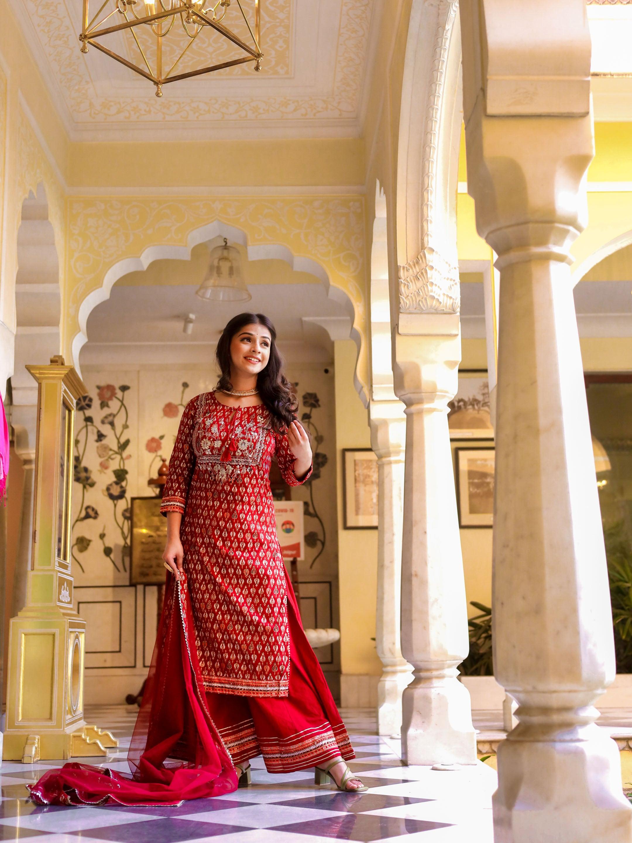 Divena maroon Cotton Kurta palazzo set with net dupatta - divenaworld.com