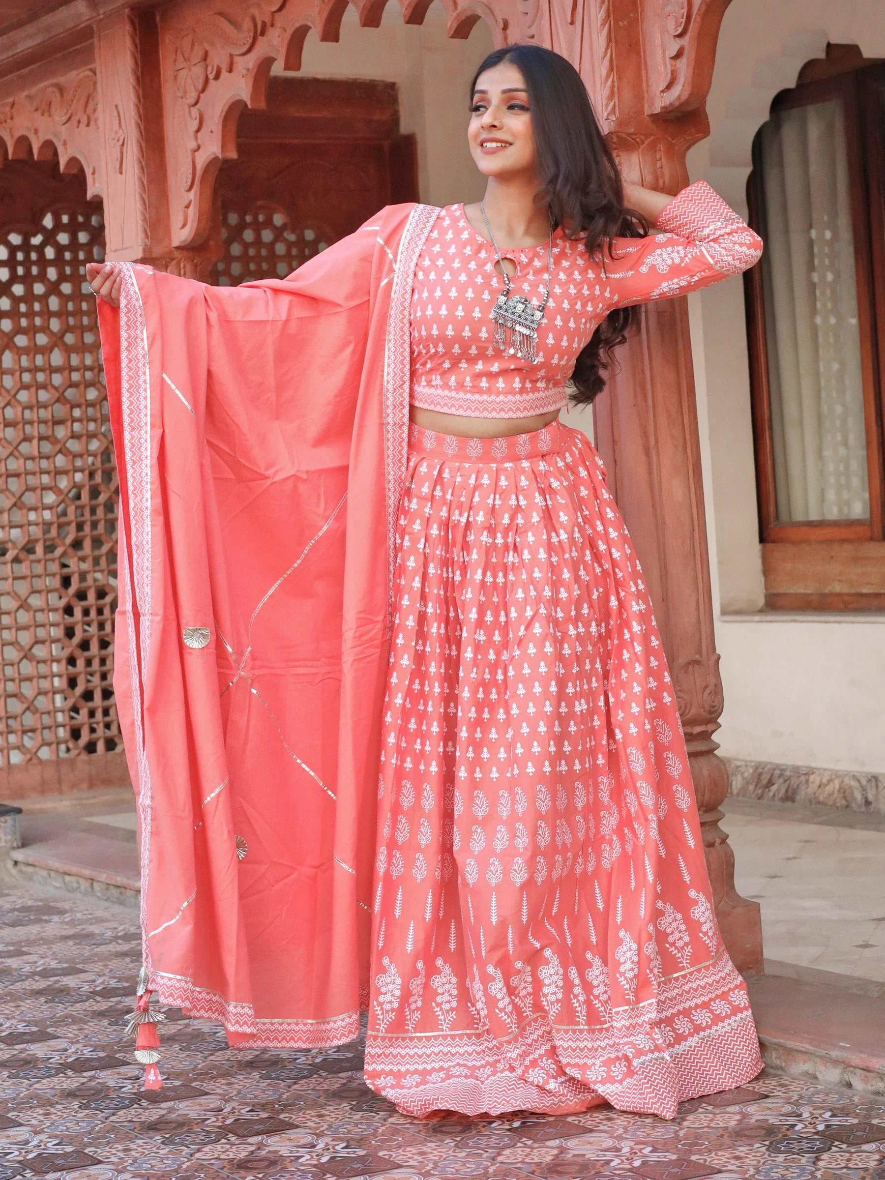 Nalini Pink Printed Crop Top, Lehenga With Dupatta Set