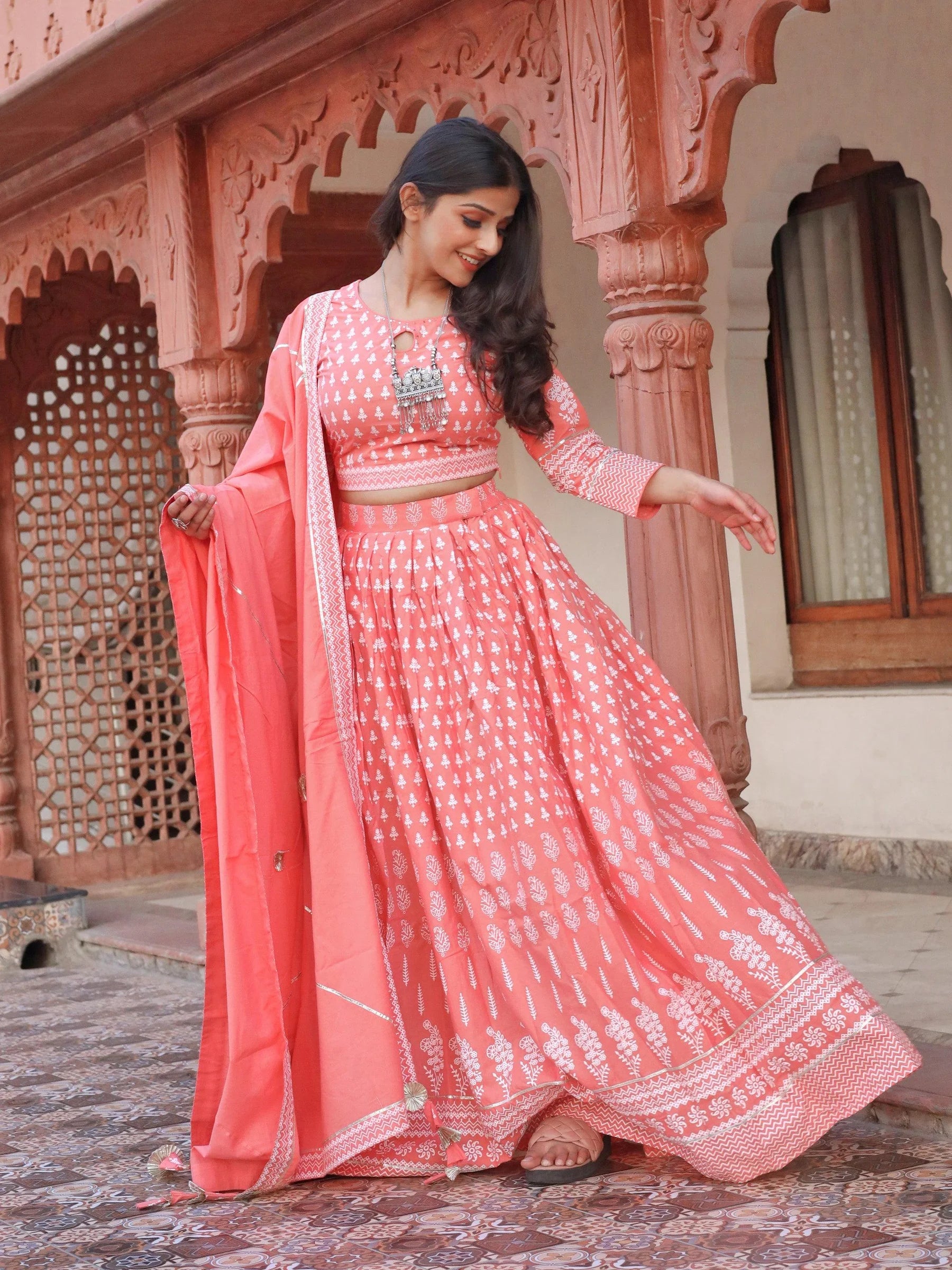 Nalini Pink Printed Crop Top, Lehenga With Dupatta Set
