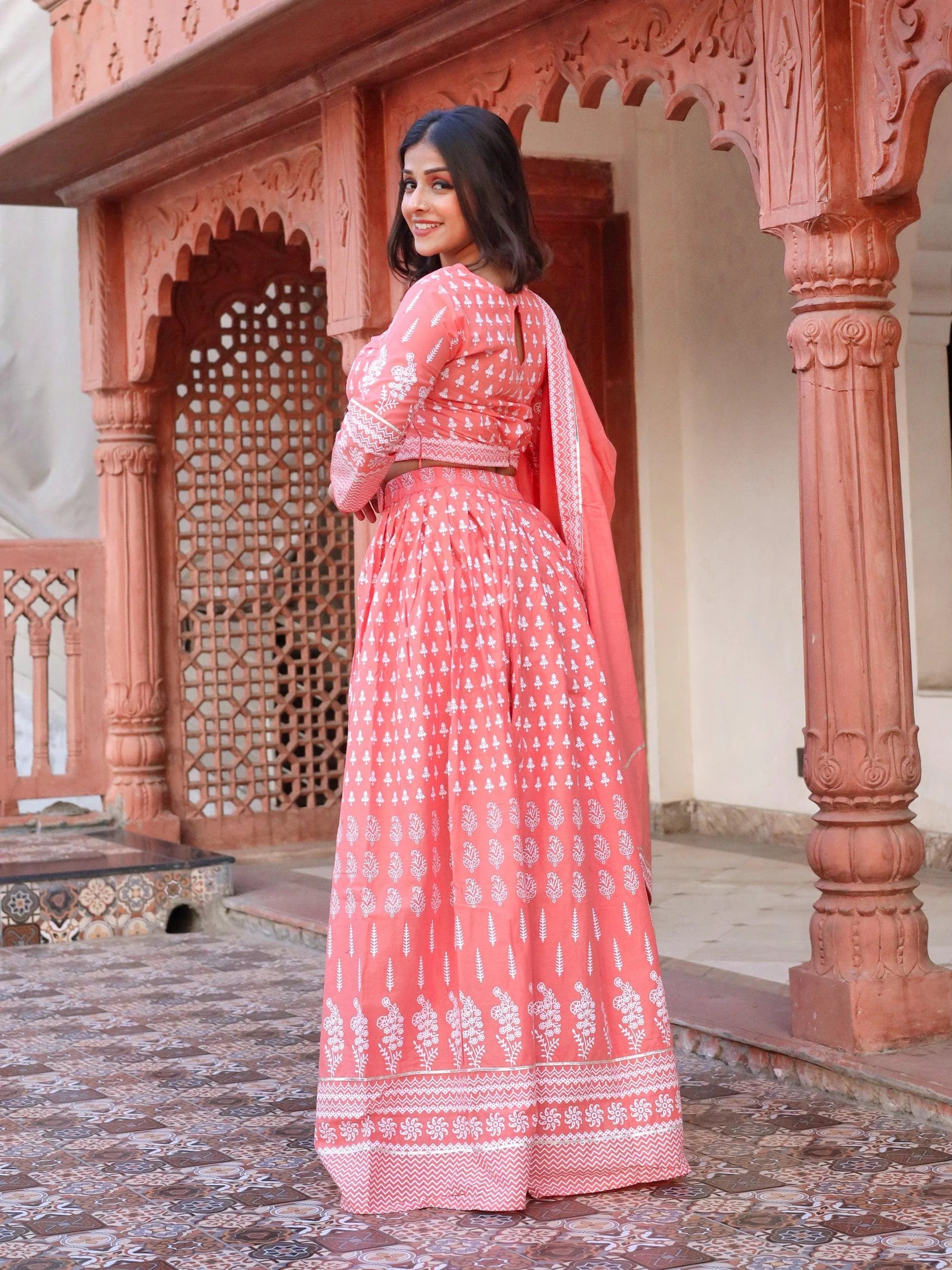 Nalini Pink Printed Crop Top, Lehenga With Dupatta Set