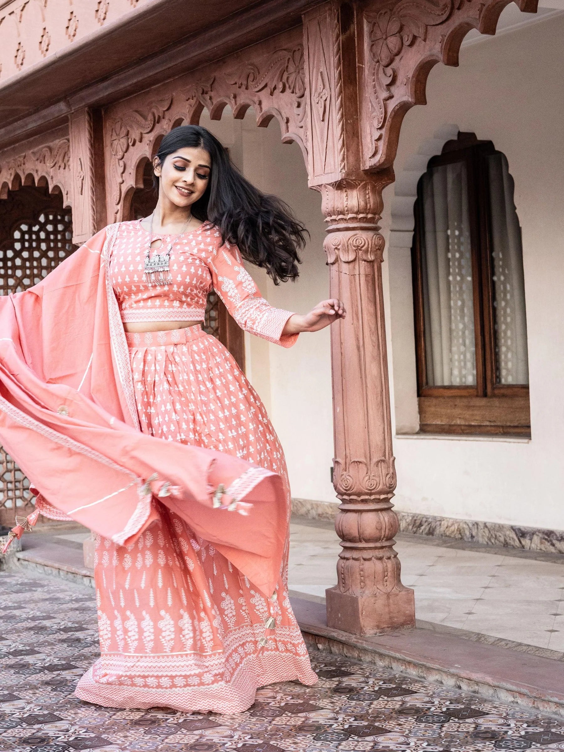 Nalini Pink Printed Crop Top, Lehenga With Dupatta Set